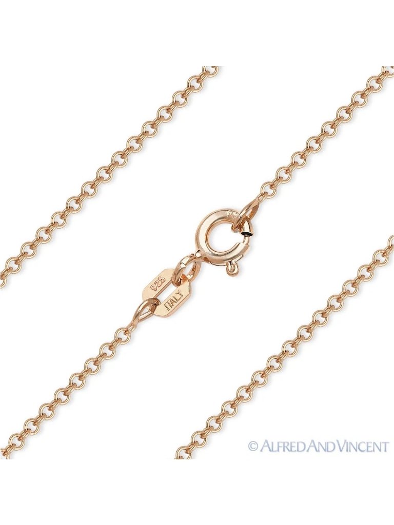 Round Rolo Cable Link Chain Necklace In 925 Sterling Silver W/ 14k Rose Gold 16"